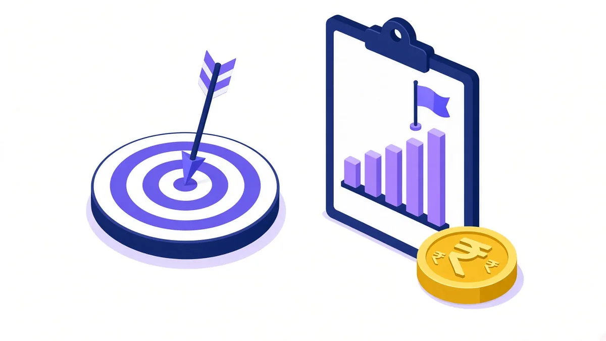 Illustration of an arrow in a bullseye beside a budget plan clipboard with a goal flag and a rupee coin
