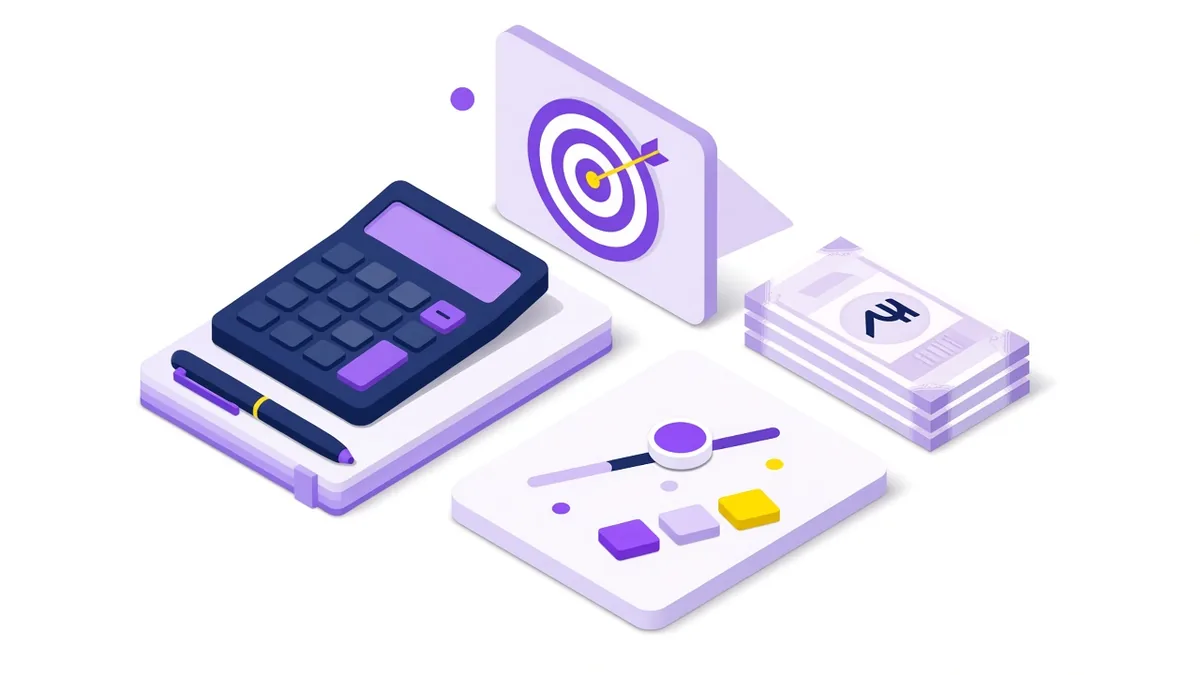 Illustration of a budget planning desk with a calculator, a target card, a budget slider and a stack of rupee notes