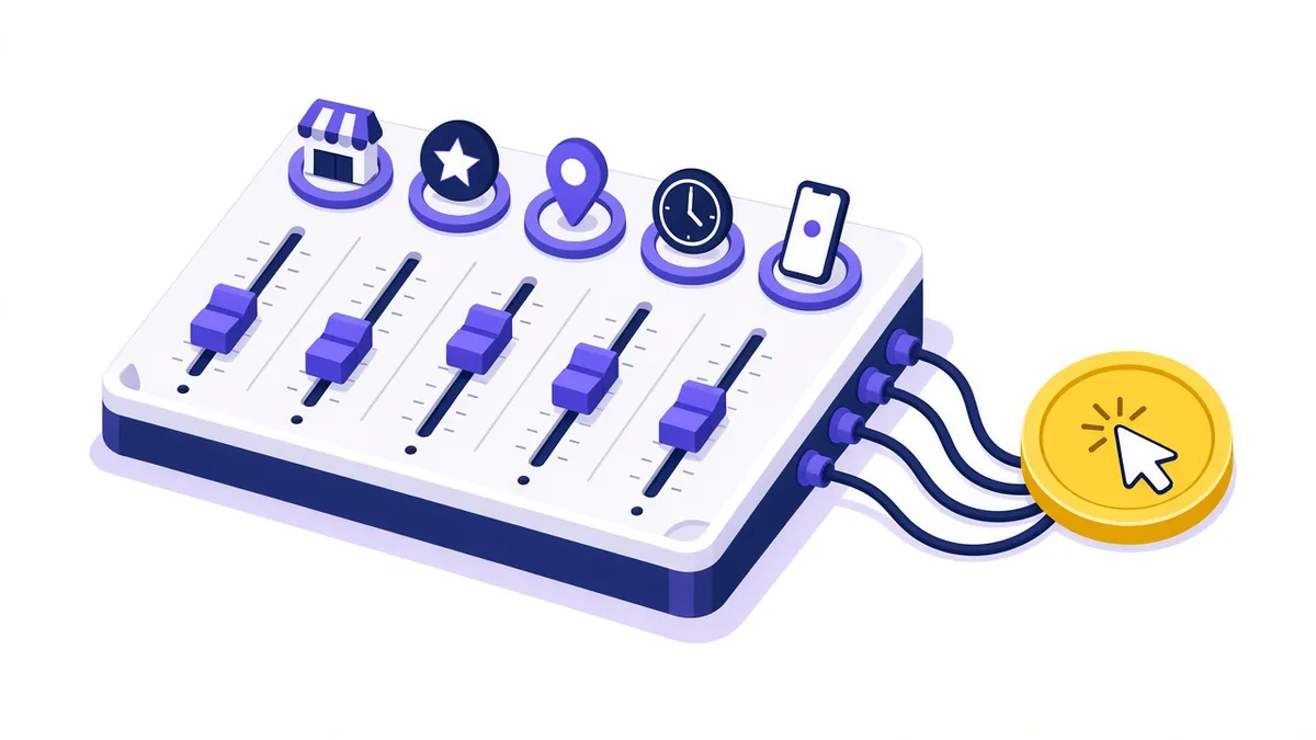 Illustration of a mixing console with sliders for competition, ad quality, location, time and device wired to a cost-per-click coin