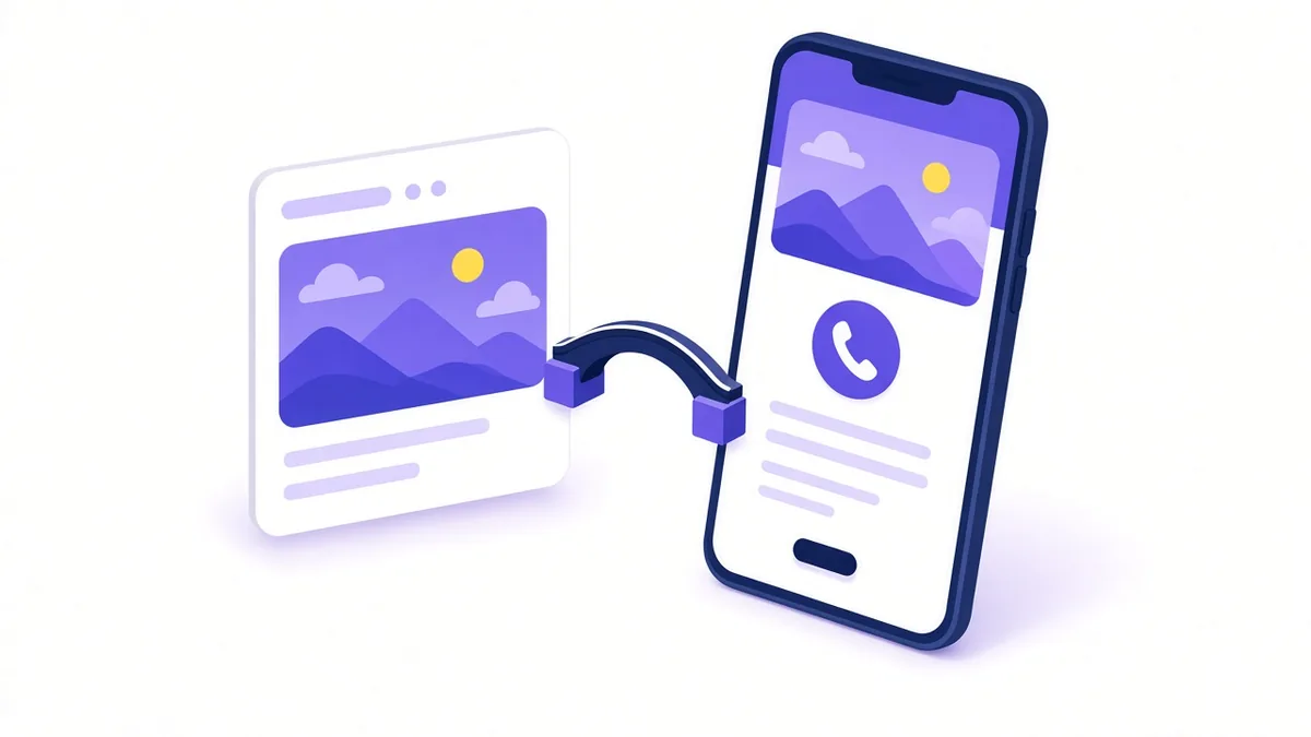 Illustration of a search ad card bridged to a matching mobile landing page with a call button