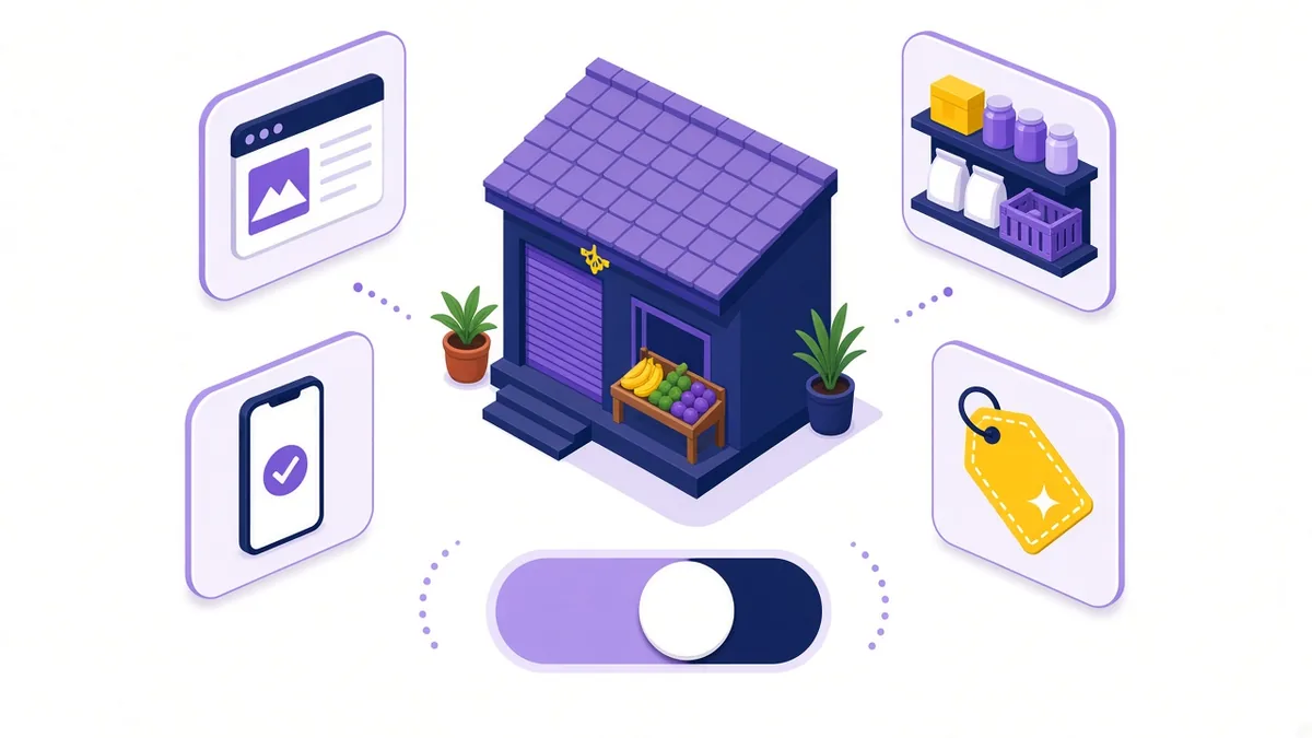 Illustration of a small tiled-roof shop surrounded by readiness checks for a website, phone, stock and an offer, with a go switch