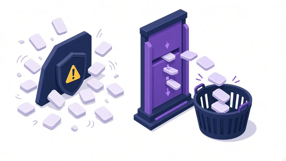 Illustration of a narrow gate letting a few relevant keywords into a basket while a shield blocks irrelevant searches as negative keywords