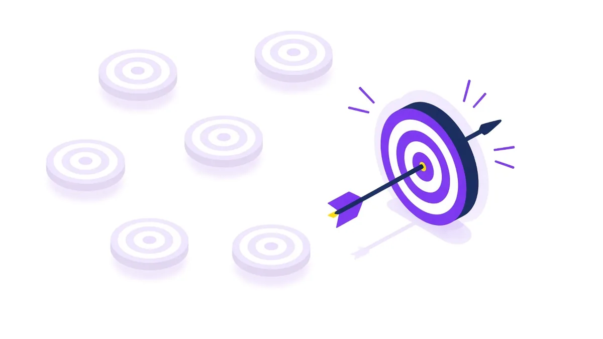 Illustration of a single arrow hitting one bright target while other faded targets are ignored, showing one goal and one campaign