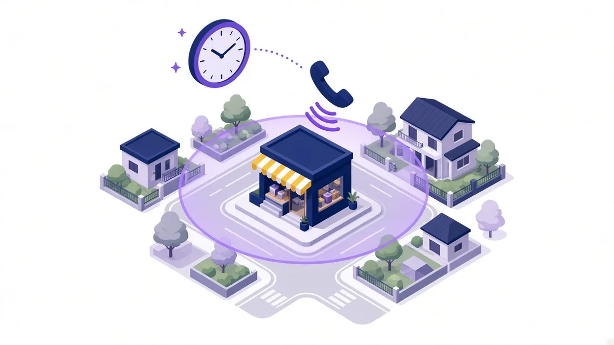 Illustration of a local shop inside a glowing radius on a neighbourhood map with a clock for ad scheduling and a ringing phone