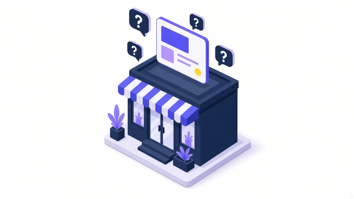 Illustration of a small storefront with an ad card above its roof and question bubbles around it