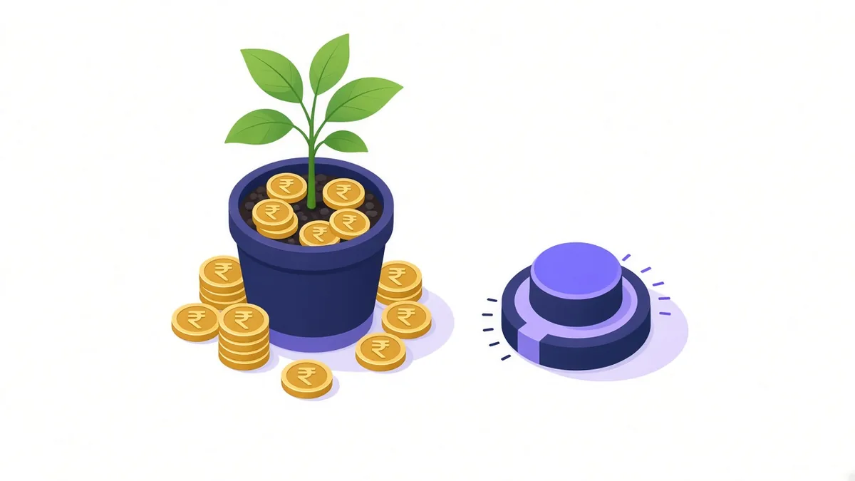 Illustration of a sapling growing from a pot of rupee coins beside a dial set low, showing a modest starting ad budget