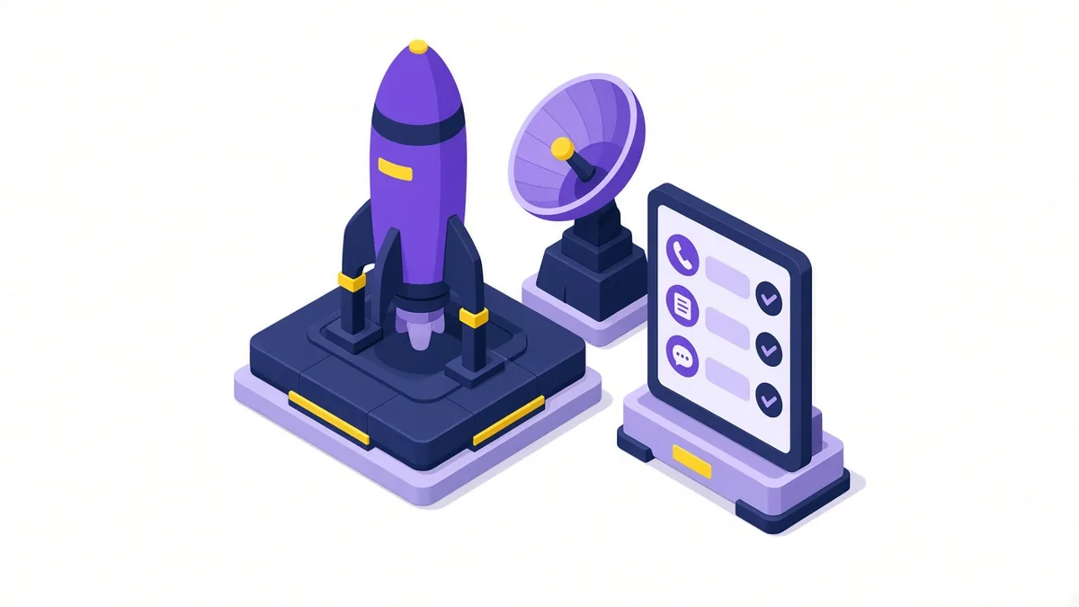 Illustration of a rocket on its launch pad beside a radar dish and a checklist of call, form and chat tracking signals