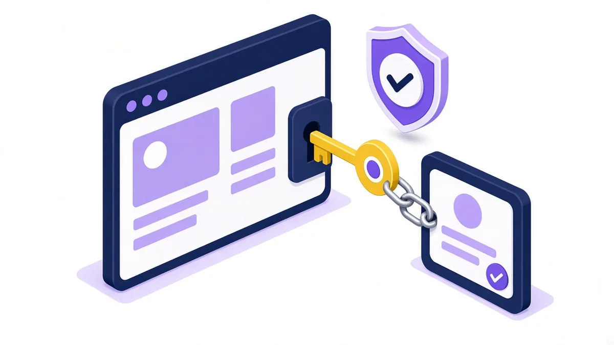Illustration of a key unlocking a website window with a verification shield and a linked account card