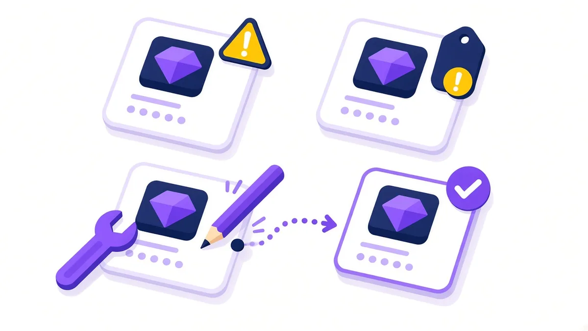 Illustration of product cards with warning badges being fixed with a wrench and pencil until they get a check mark