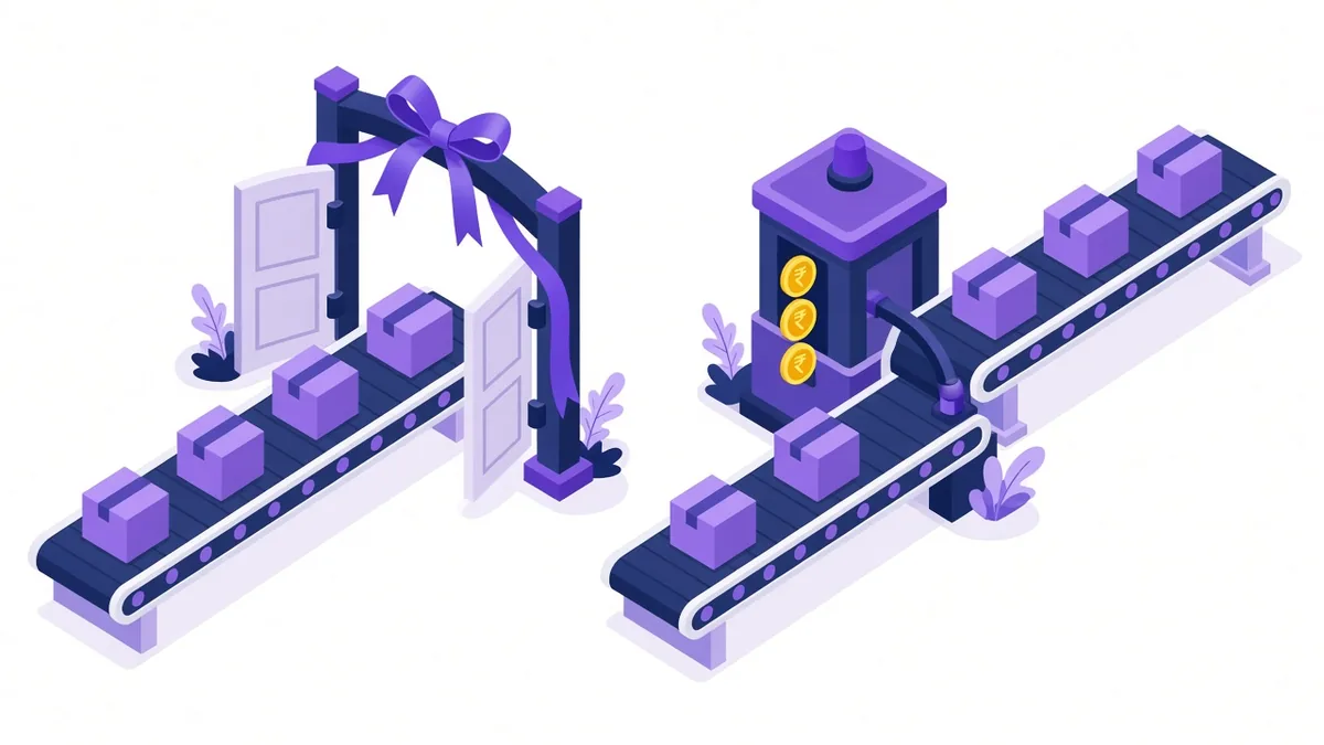 Illustration of two product conveyor belts, one through a free ribboned gate and one through a toll booth taking rupee coins for paid ads
