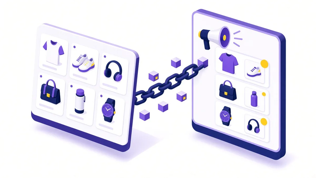 Illustration of a product catalogue panel chained to an advertising panel with a megaphone, products flowing between them