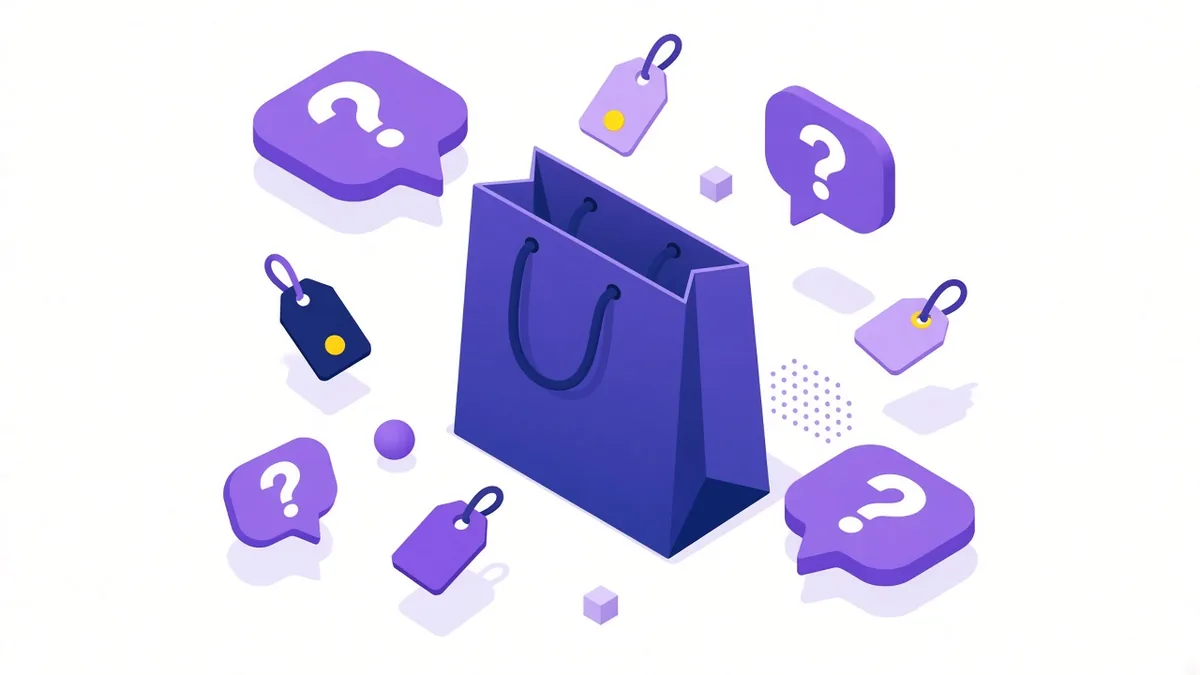 Illustration of a shopping bag surrounded by question bubbles and product price tags