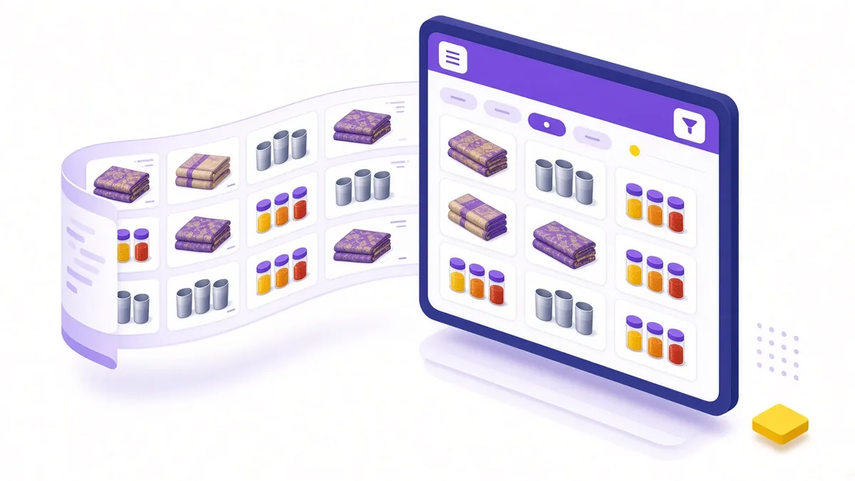 Illustration of a product feed ribbon of sarees, steel tumblers and spice jars flowing into a stylised product catalogue screen