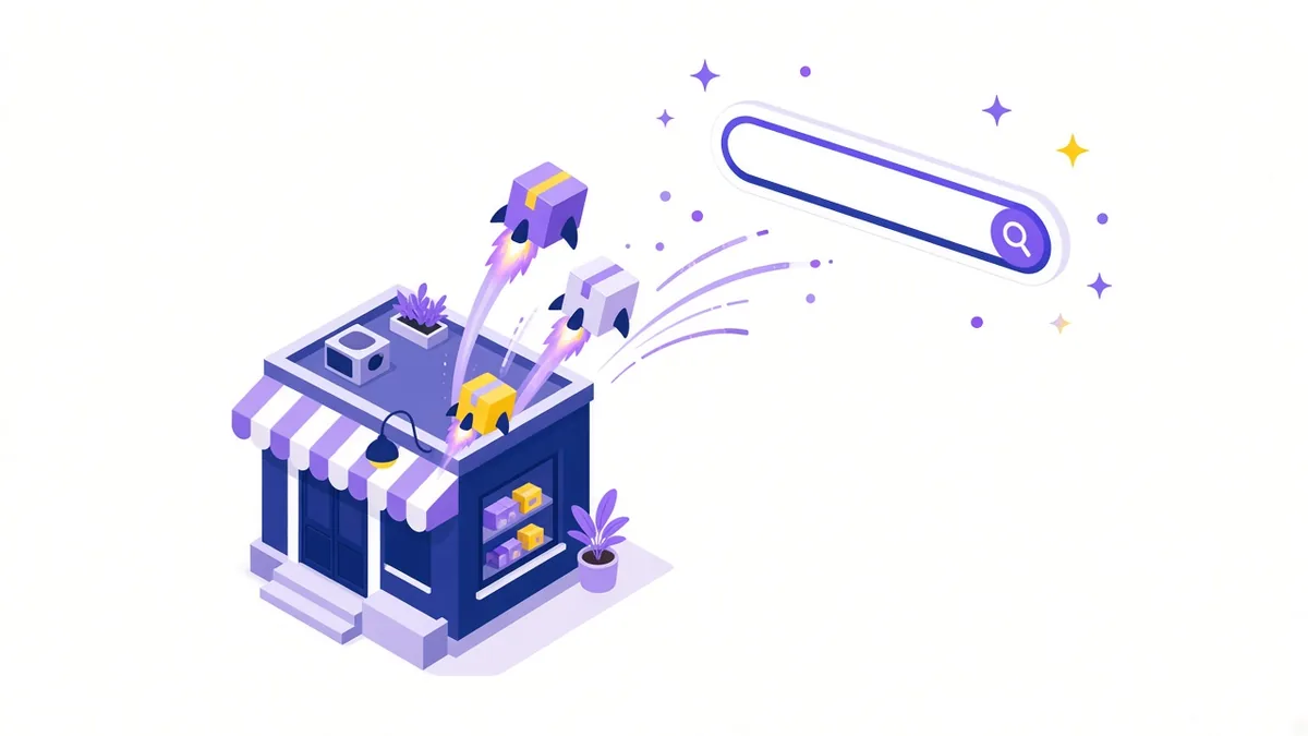 Illustration of a retail shop launching product boxes towards a glowing search bar