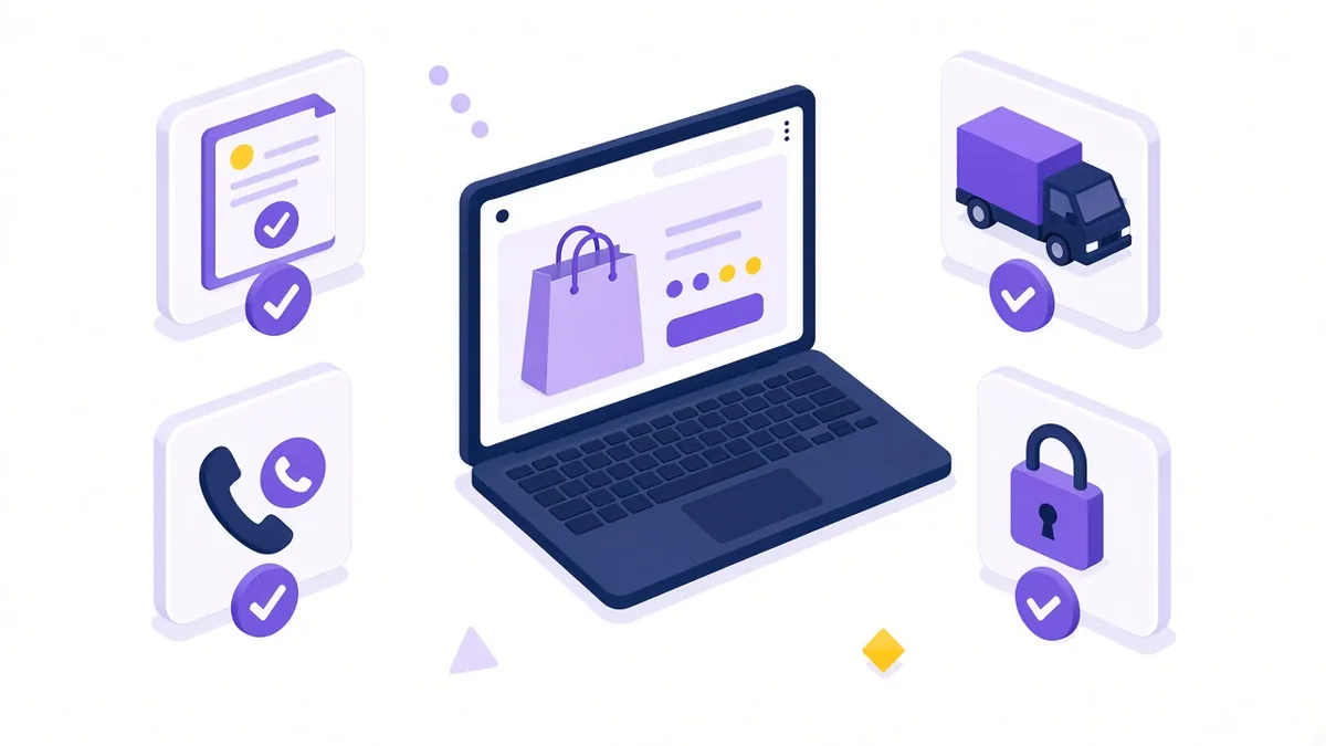 Illustration of a laptop product page surrounded by ticked store requirements: return policy, delivery, contact details and secure checkout