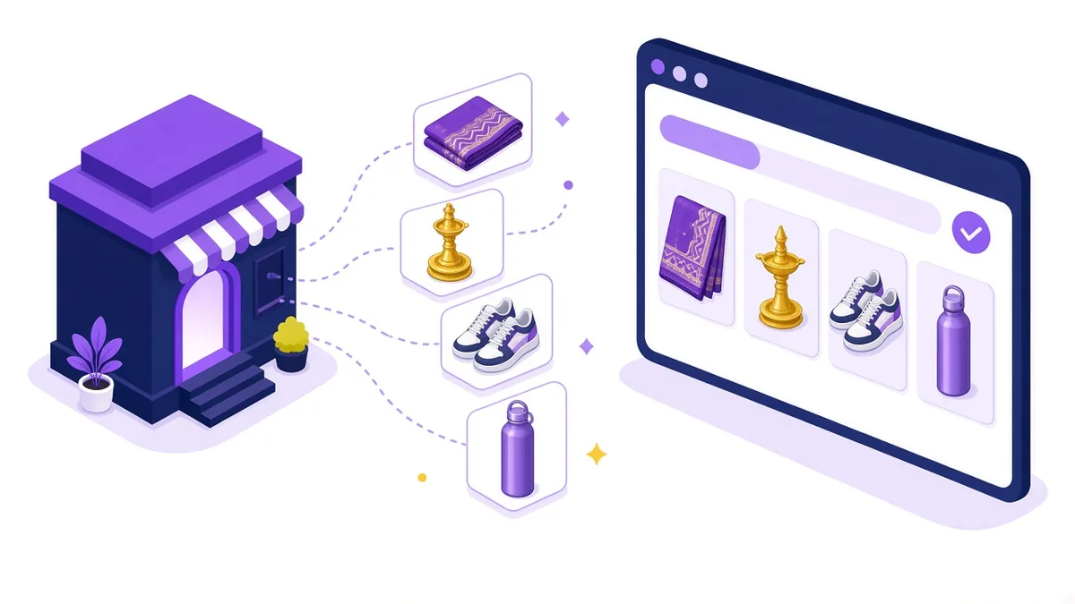 Illustration of an online store sending a saree, a brass lamp, sneakers and a bottle as product cards into a shopping results panel