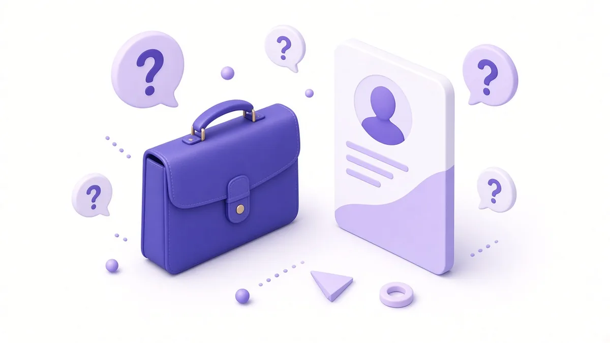 Question mark bubbles around a briefcase and profile card