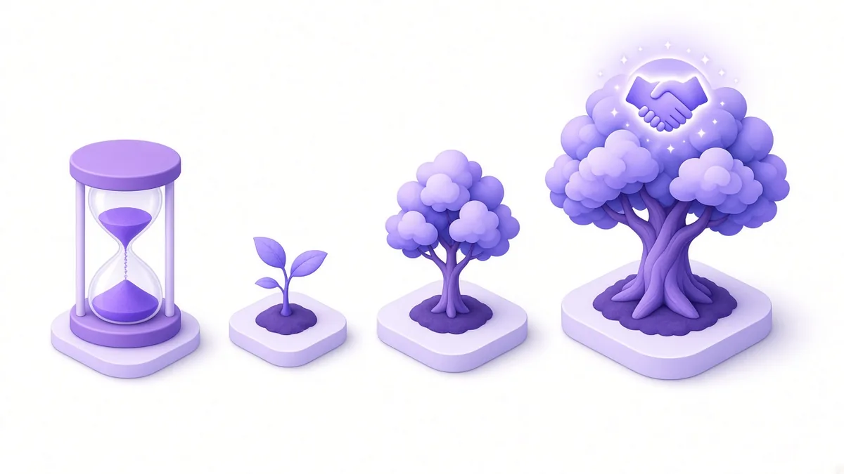 Hourglass beside a sapling growing into a tree with a handshake at the top