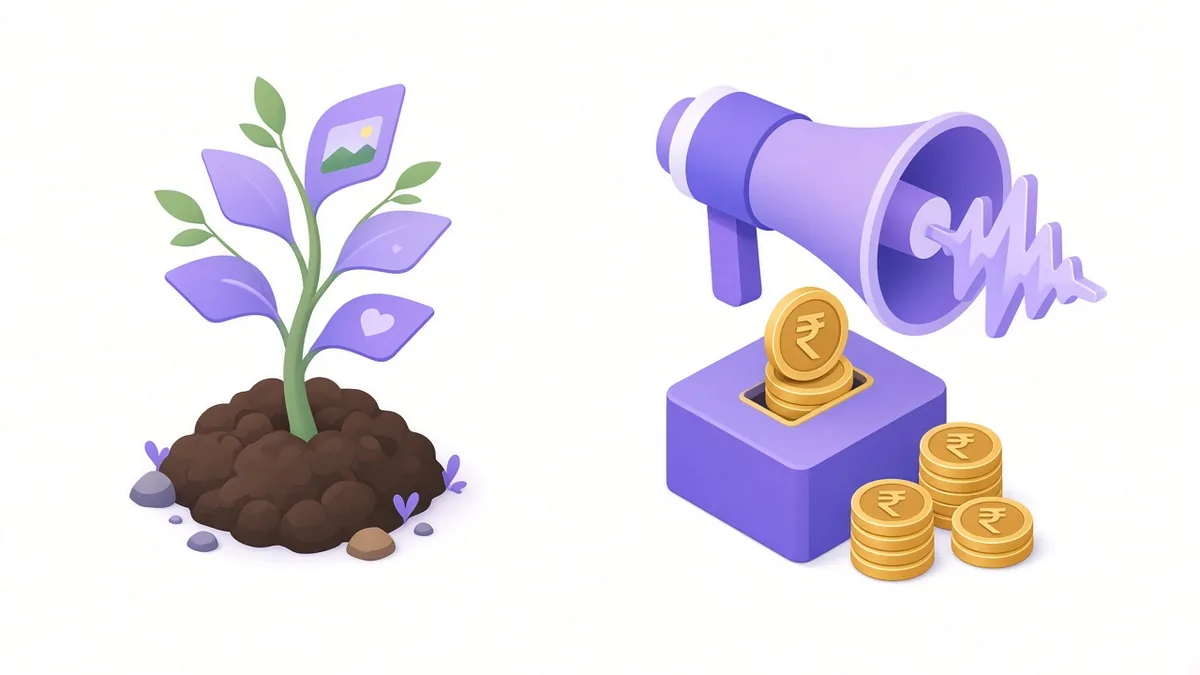 Slow-growing plant of posts beside a rupee-powered megaphone for ads