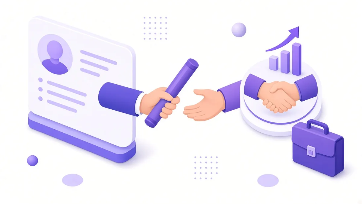 Baton passing from a profile card to a sales handshake