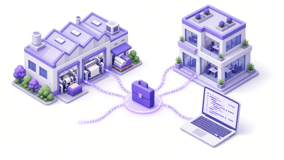 Network linking a factory unit, office and software laptop for B2B businesses
