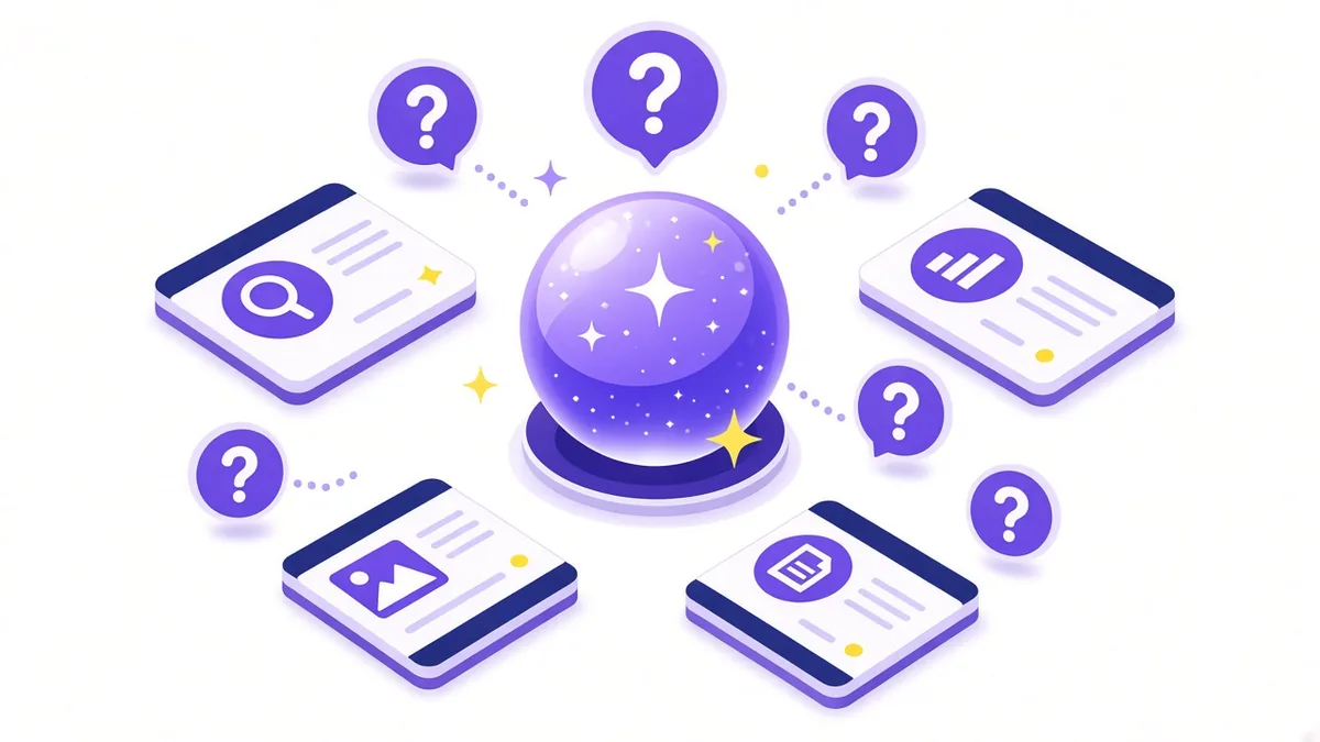 Illustration of a glowing AI sparkle orb surrounded by question bubbles and search result cards