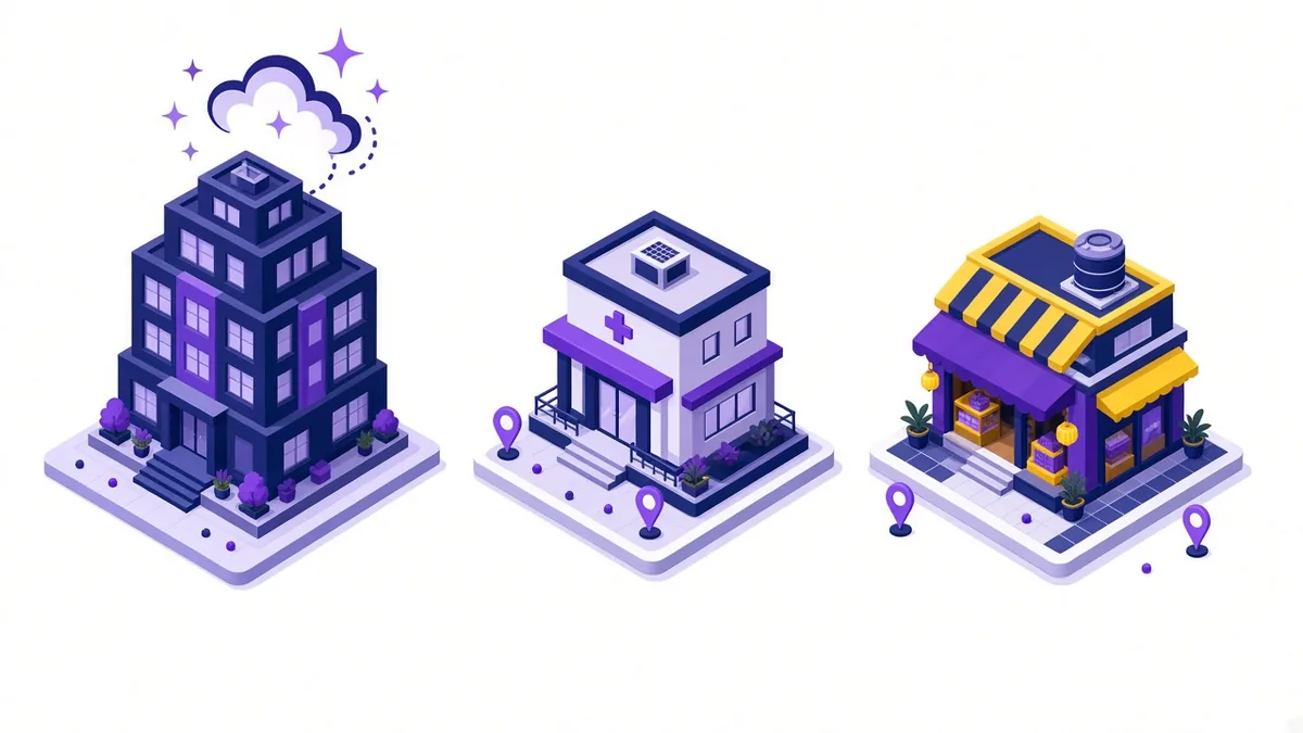 Illustration of an information publisher building under an AI cloud next to a local clinic and shop with steady map-pin visits