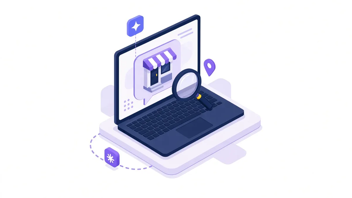Illustration of a laptop AI chat answer showing a local shop card, examined with a magnifying glass