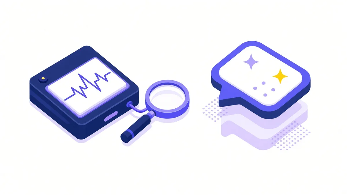 Illustration of a search magnifier connected to a monitor showing a steady pulse beside a sparkling AI chat bubble