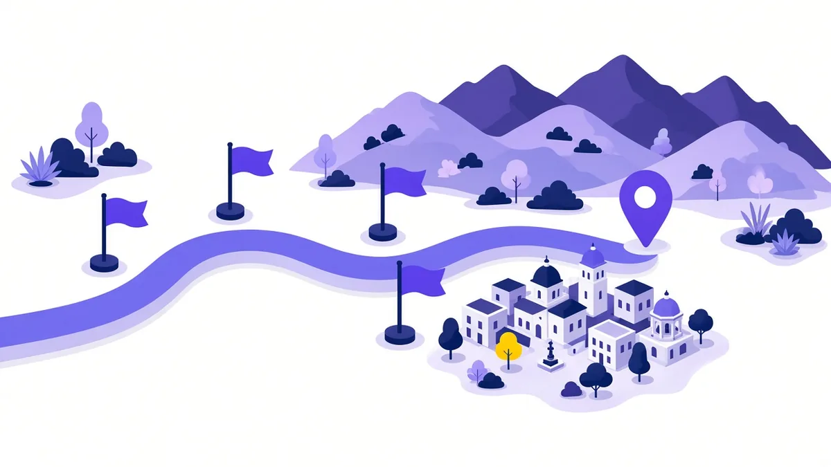 Illustration of a winding roadmap with milestone flags leading to a small town and map pin beneath purple hills
