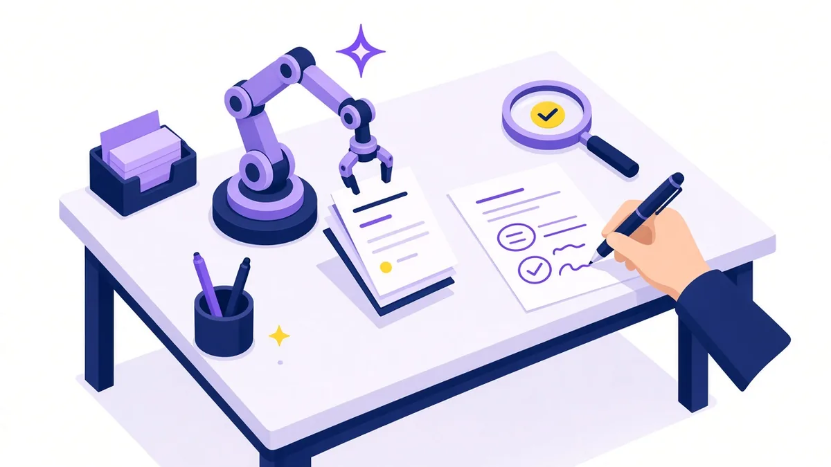 Illustration of a robotic AI arm handing draft pages to a human hand that edits them with a pen beside a fact-check magnifier