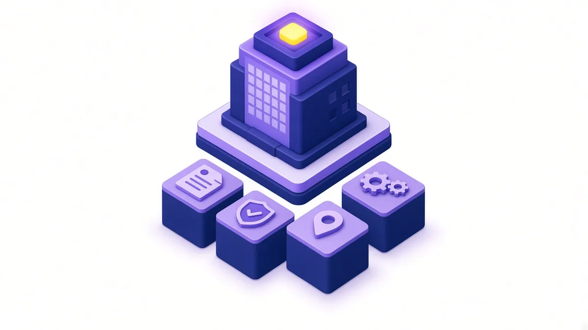 Illustration of a building resting on four blocks for helpful content, trust, technical health and local presence