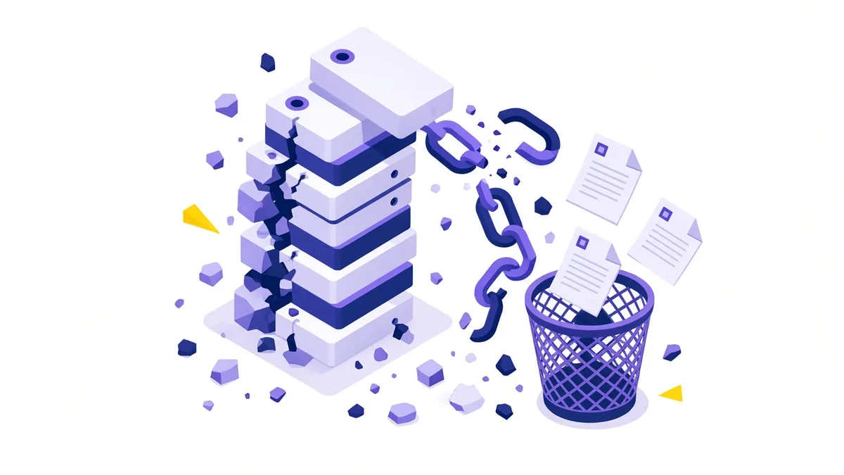 Illustration of outdated SEO tactics crumbling: a cracked keyword stack, broken link chains and thin copied pages falling into a bin
