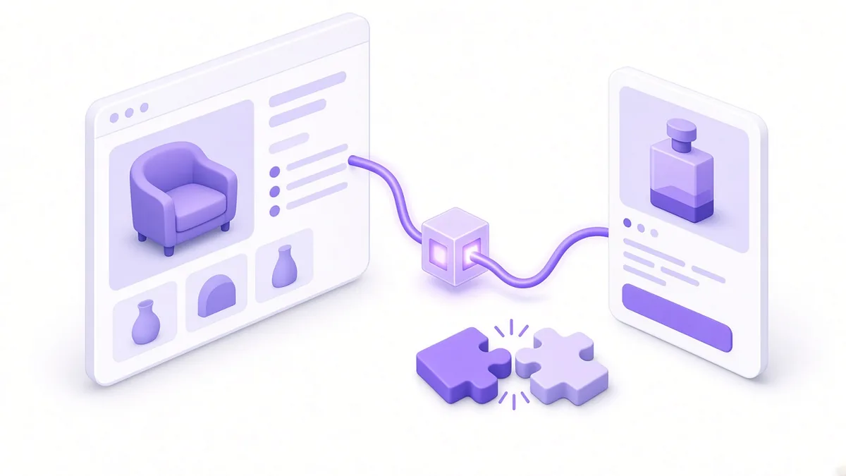 Glowing cable linking a website product page and a catalogue card through a pixel cube