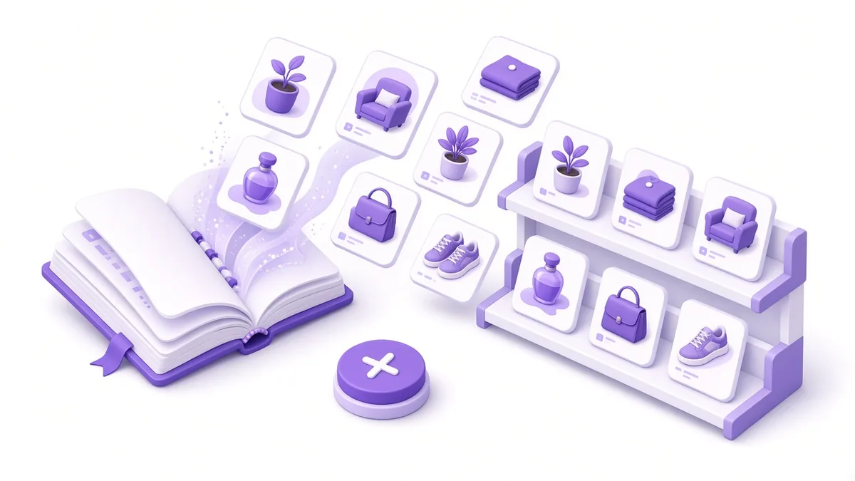 Ledger book turning into digital product cards placed on shelves
