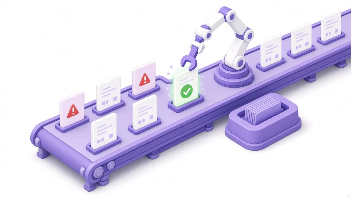 Conveyor of product cards with errors being fixed by a wrench into checkmarks