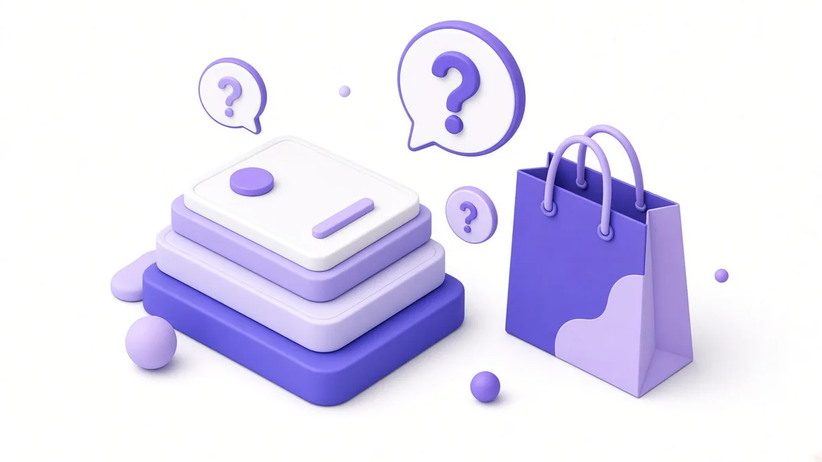 Question mark bubbles among product cards and a shopping bag