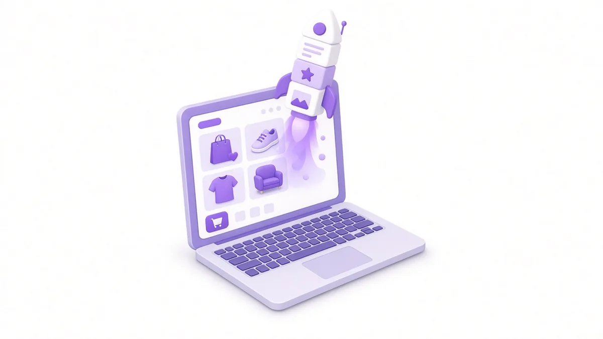 Rocket made of product cards launching from an online store laptop