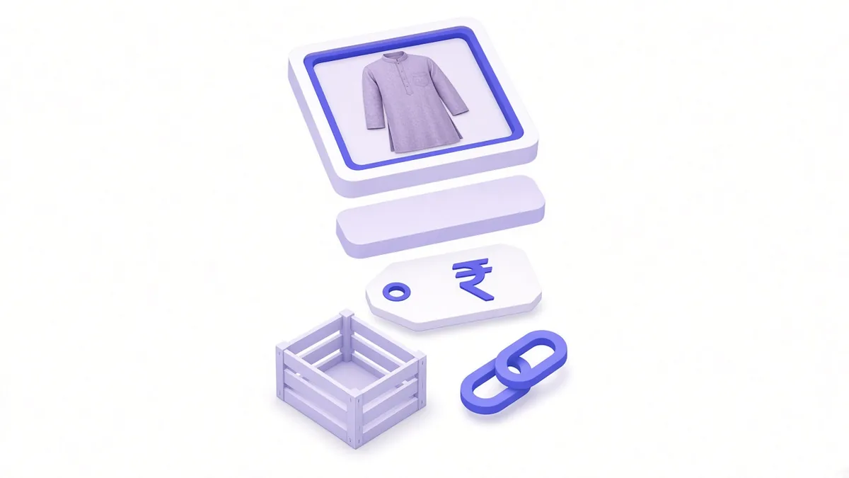 Product card broken into fields: image, title, rupee price, stock and link