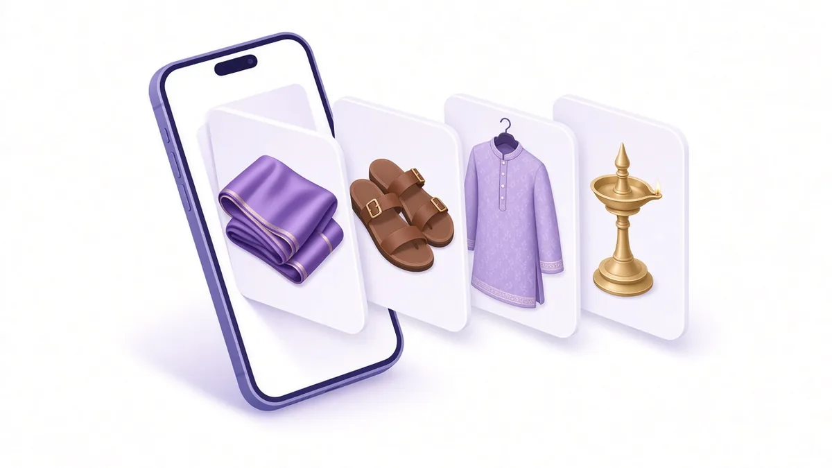Phone showing a carousel ad of product tiles like a saree, sandals and a brass lamp