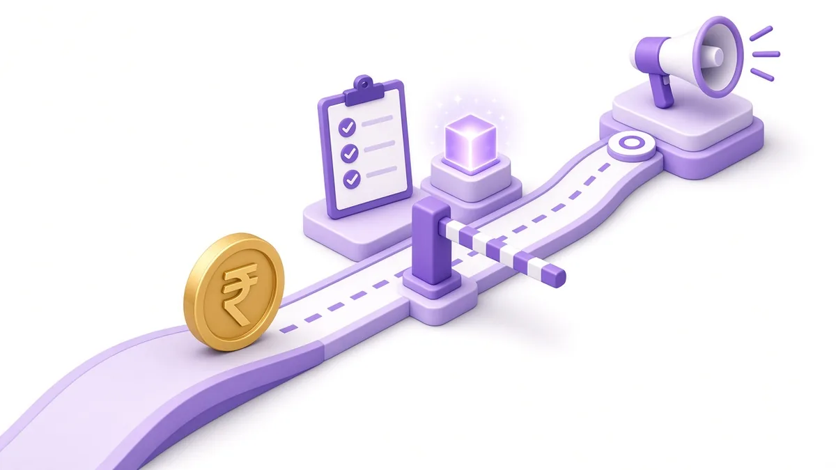 Rupee coin stopping at a tracking checkpoint before ad spend continues