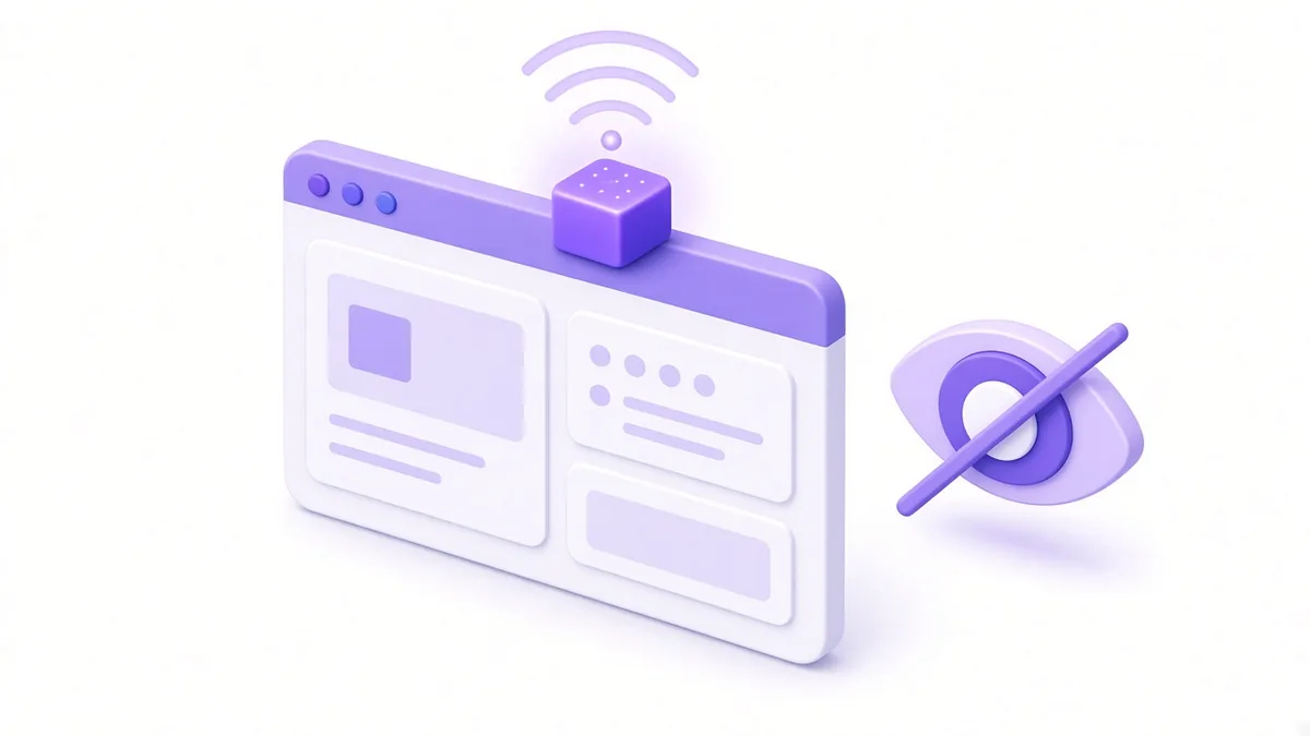 Small pixel cube on a website sending signal waves, with a crossed-out spy eye