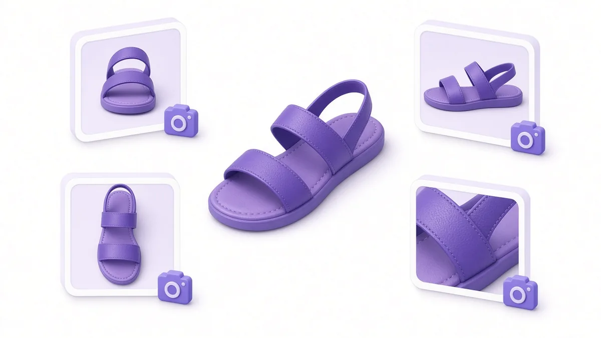 Sandal shown from front, side, top and close-up angles