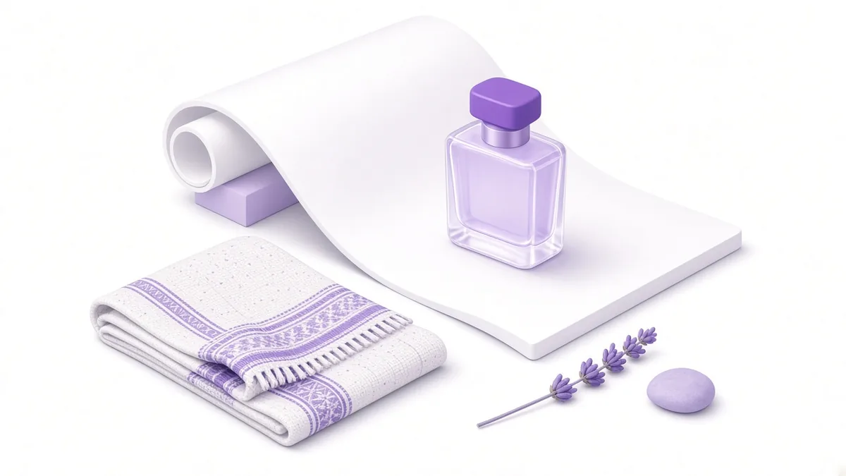 Perfume bottle on a white paper sweep background beside a folded handloom textile prop