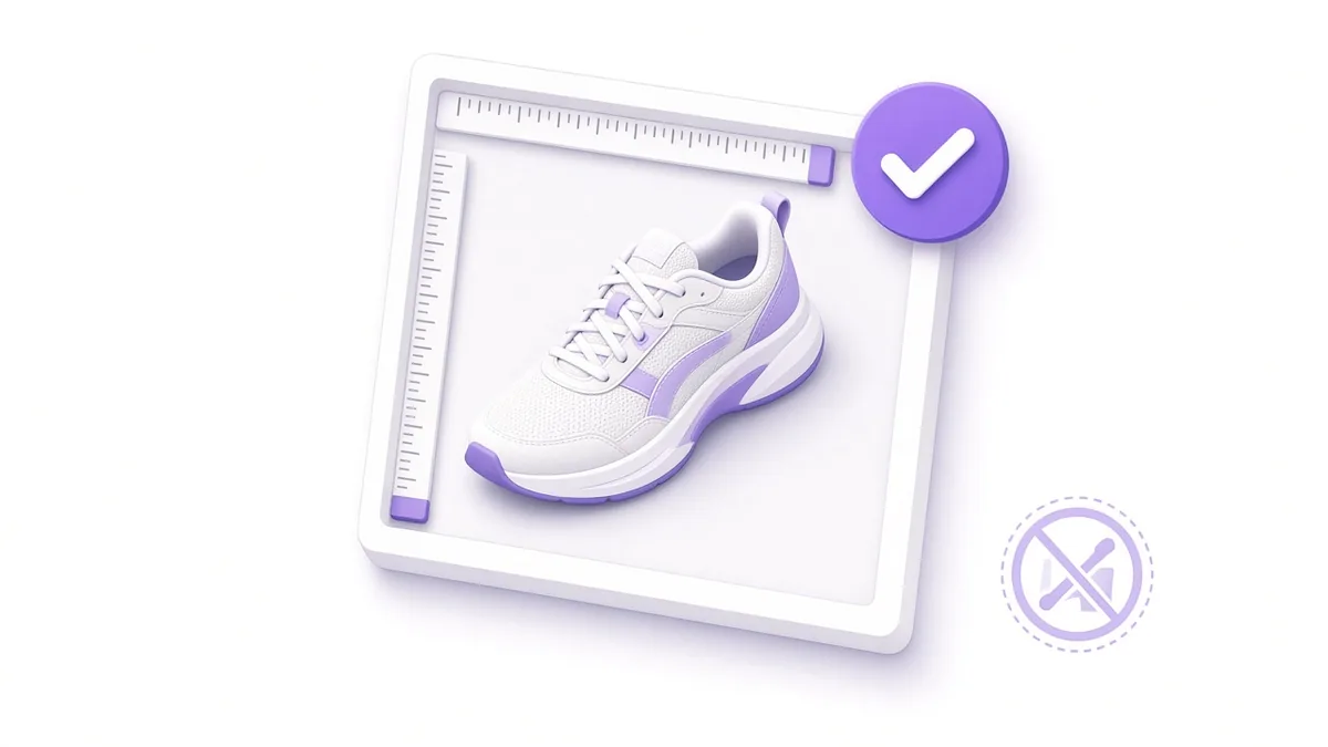 Product photo framed with a ruler, white-background check and no-watermark icon