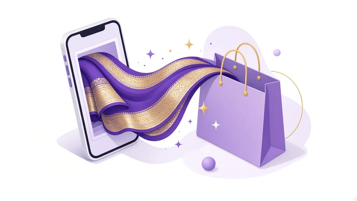 Silk saree product photo on a phone turning into a shopping bag