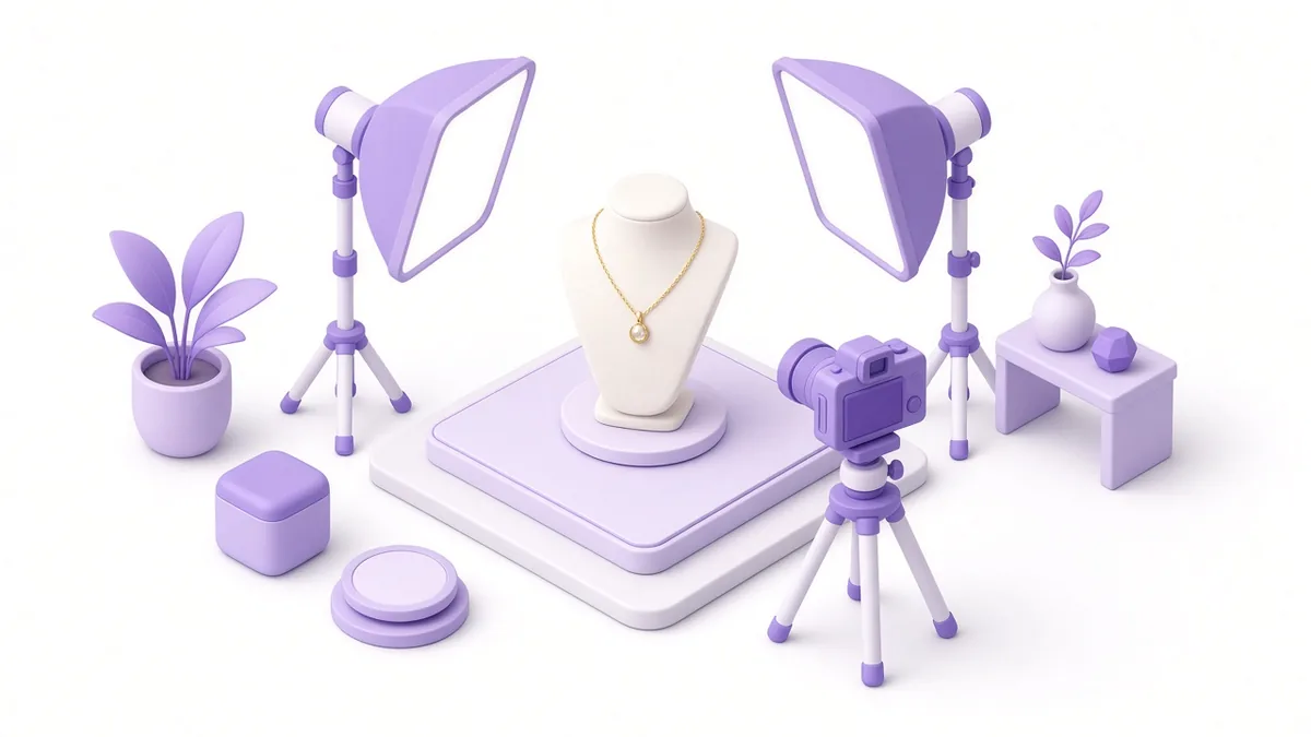 Professional studio with softbox lights and a camera shooting jewellery