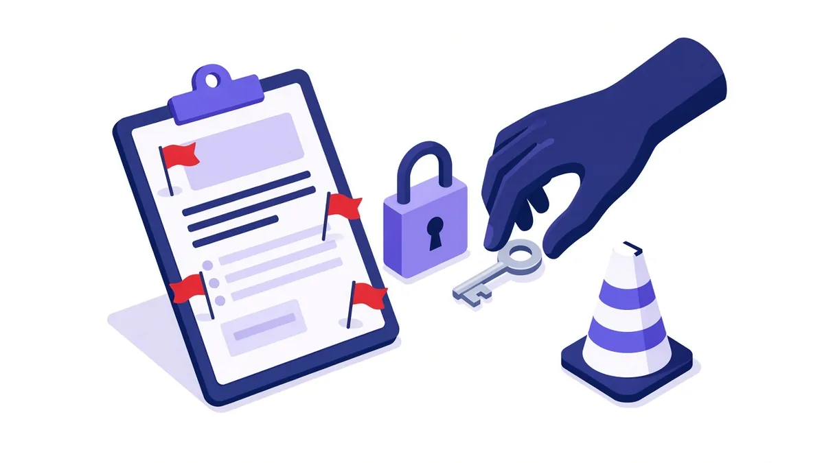 Illustration of an audit quote clipboard with red flags, a hand reaching for a padlock key and a warning cone