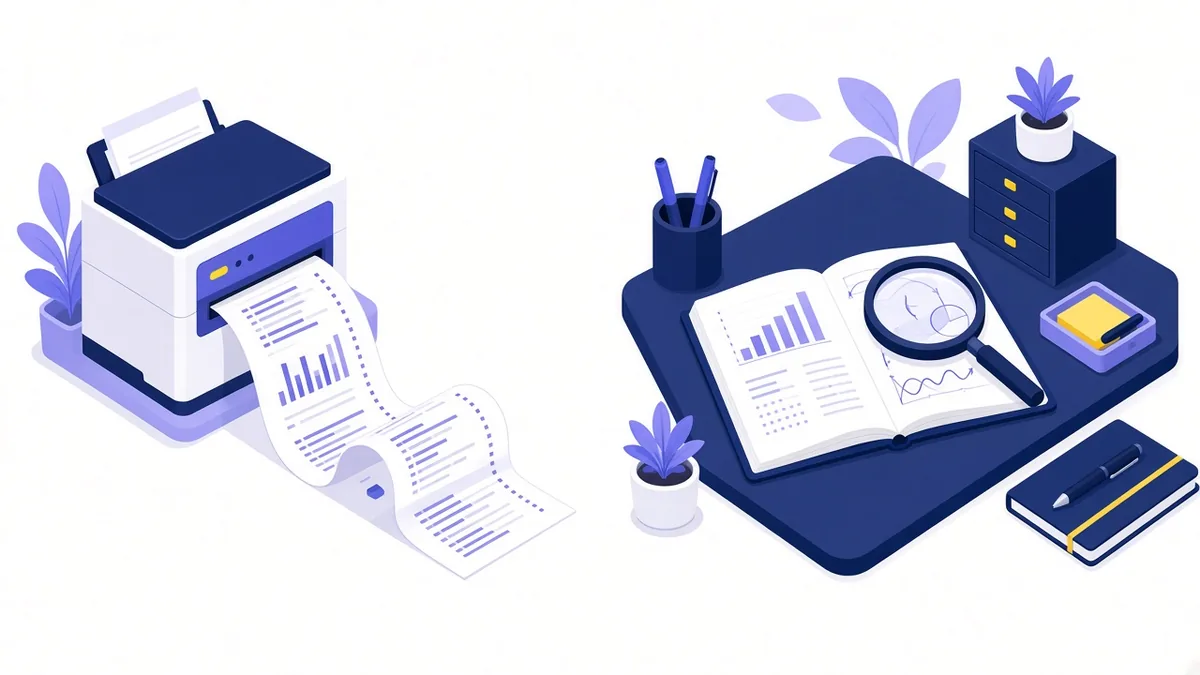Illustration comparing an automated printer spitting out a long tool report with an expert desk where a magnifier reviews annotated notes