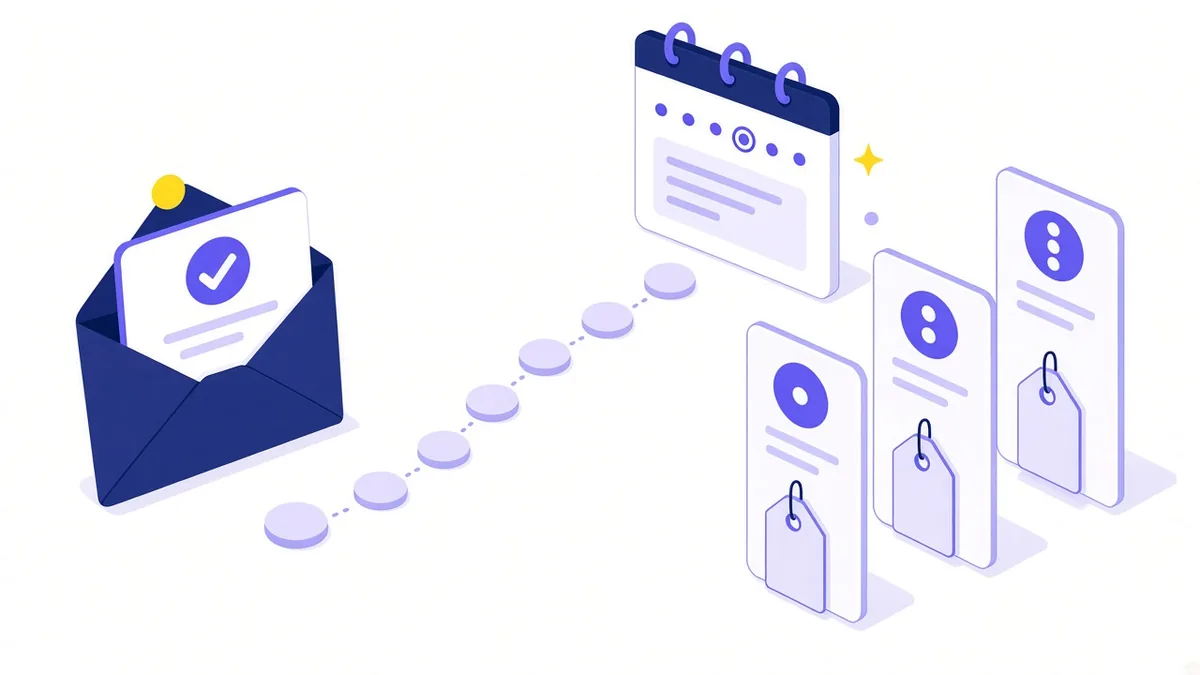 Illustration of a path from a free website check envelope to a monthly calendar and three tiered SEO plan cards